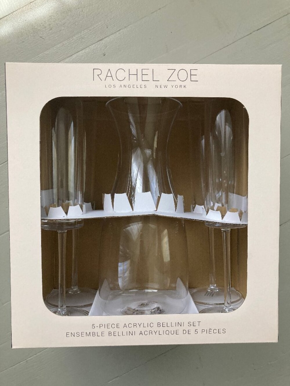 RACHEL ZOE 5-Piece Clear Acrylic Bellini Cocktail Set Carafe & 4 Glasses NIB